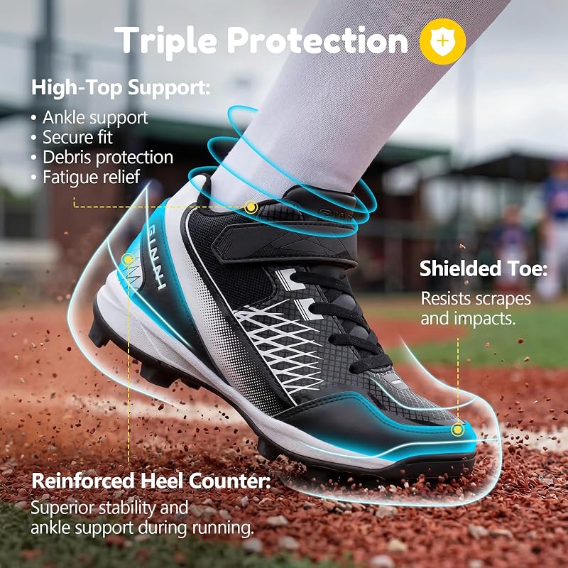 Kids Baseball Cleats Mid-Top Shoes for Boys & Girls - GINNI Black+4 Big Kid
