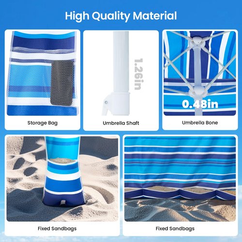 Grandekor Upgraded 6'×6' Pop Up Beach Canopy Tent for Family & Kids UPF 50+ Sun Shelter for Pool Camping with Sand Anchor Sidewall Dark Light Blue White Stripe