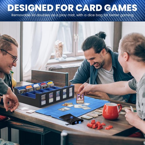 Trading Card Storage Box with Handle, 5-Row Portable Leather Deck Case for 4000+ Cards,Blue Card Collection Box with Commander Display Window for MTG, Yugioh, and Sports Cards,Gifts for Card Collector