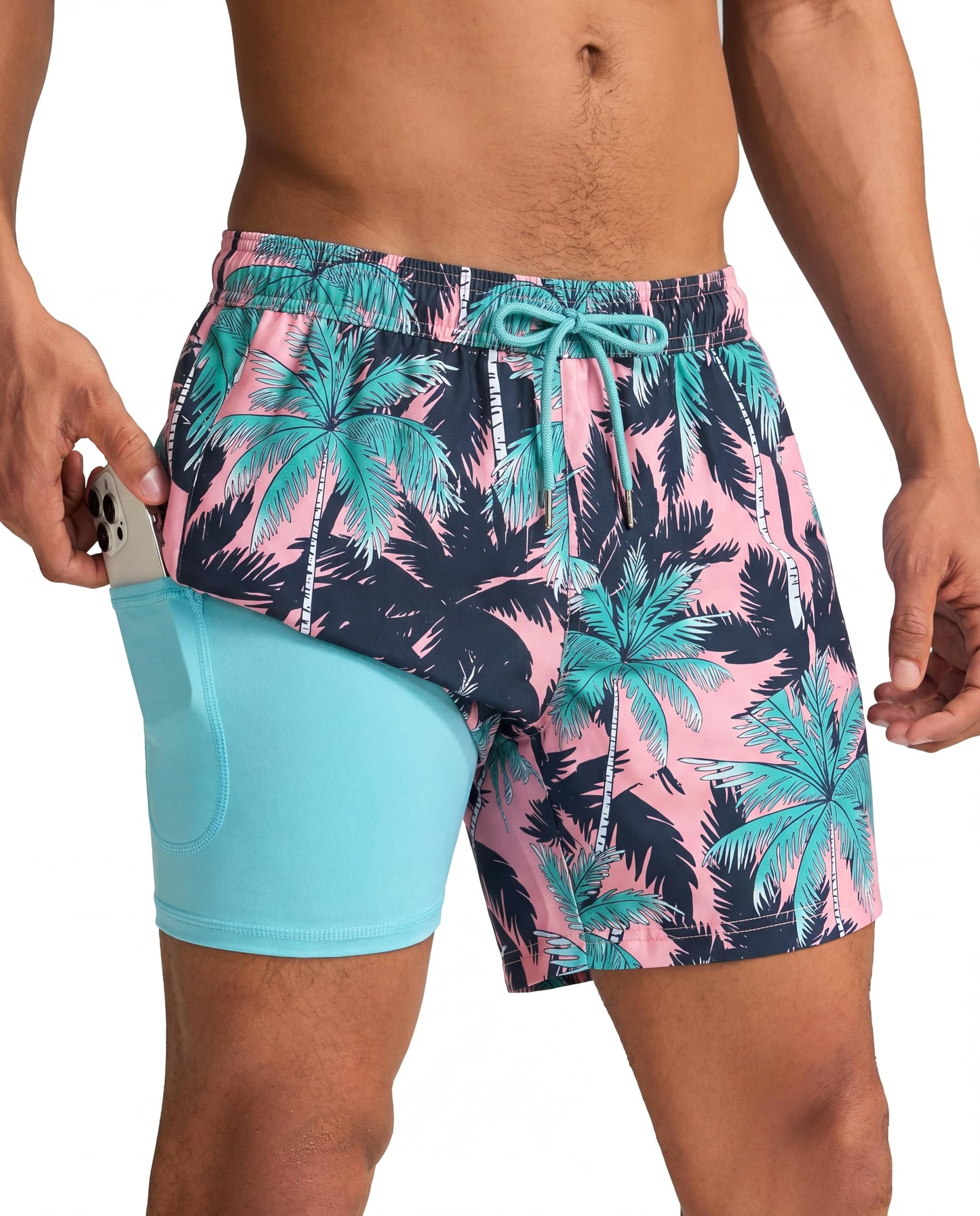 maamgic Mens Swim Trunks with Compression Liner 5 Inch, Quick Dry Bathing Suit with Zipper Pockets, Stretch No-Chafing Swim Shorts, Pink- Black Palm Small