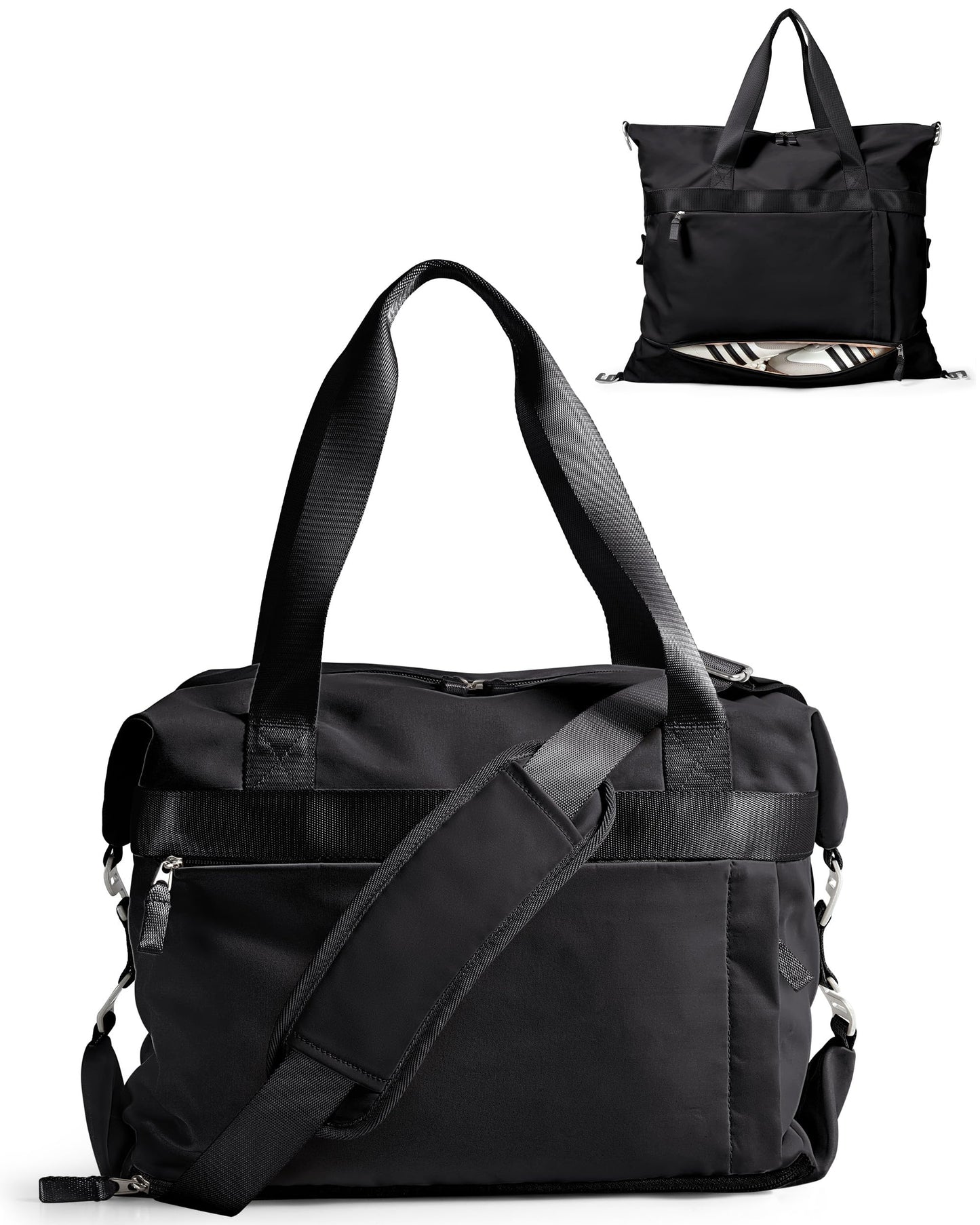 Smasrob Convertible Women Gym Bag with Shoe Compartment and Wet Pocket, Women Duffle Bag with Multiple Pockets and Crossbody Shoulder Strap for Travel and Gym, Black