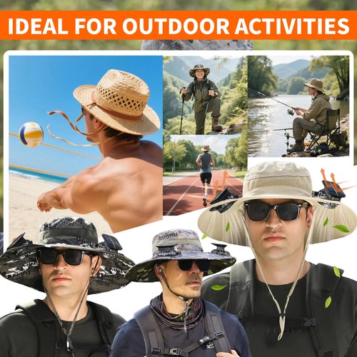 Wide Brim Solar Fan Hat for Men Women- UPF 50+ Sun Bucket Hat with 2 Built-in Solar Powered Fans for Fishing, Hiking & Beach (US, Alpha, One Size, Petite Plus Size, Khaki)