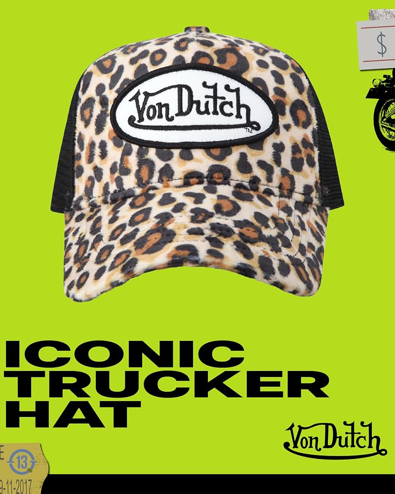 Von Dutch Velvet Trucker Hat - Curved Bill, Mesh Back, Snapback, Natural Leopard