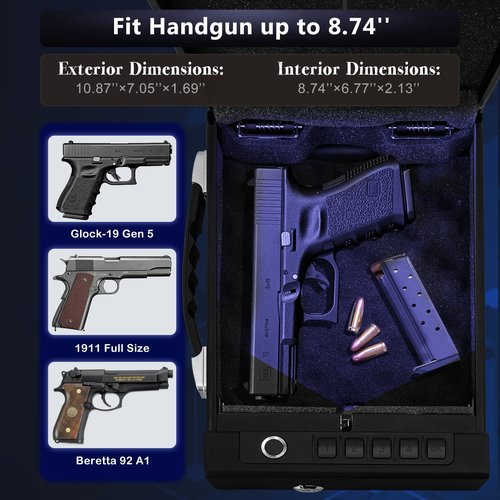 Biometric Gun Safe for Handgun - Quick Access Smart Fingerprint & Keypad Pistol Safe, Portable Small Hard Security Lock Box with Keys for Nightstand, Home, Car, Travel