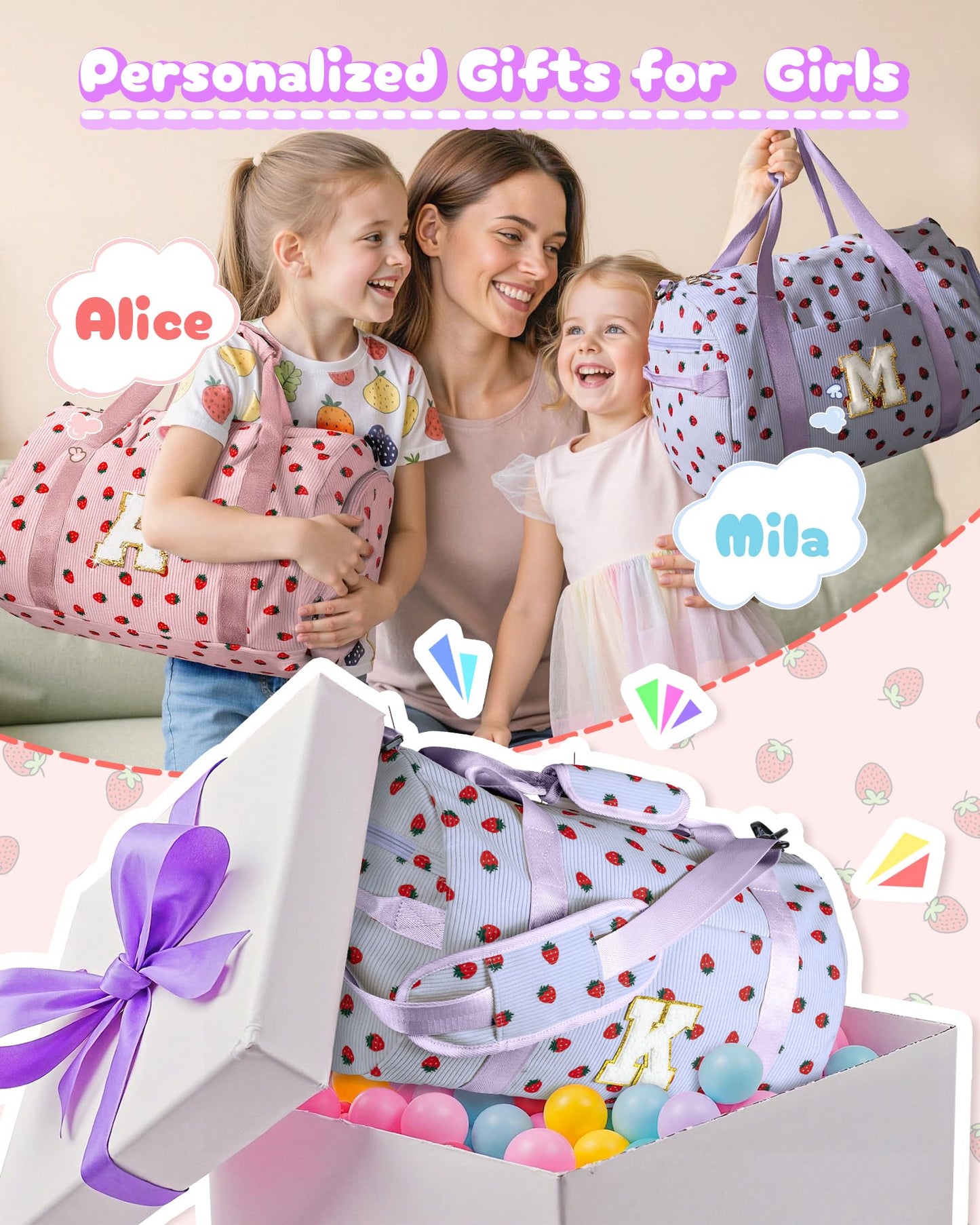 Vogewood 8 Year Old Girl Birthday Gift, Girls Gym Bag, Kids Personalized Overnight Duffle Bags with Shoe Compartment, Monogram Travel Tote with Makeup Bag, Gifts for Sister Grandkids (Letter K)