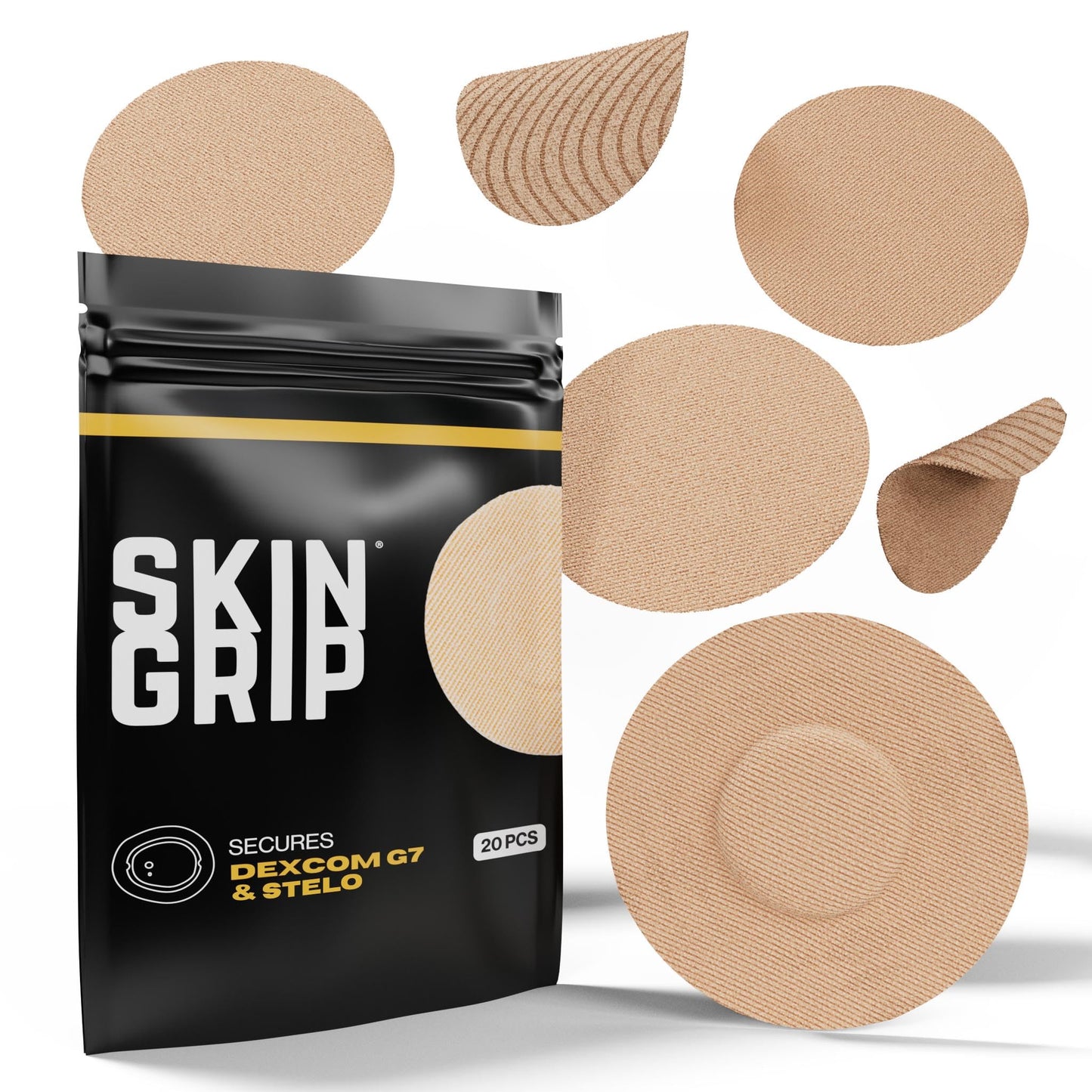 Skin Grip Adhesive Patches Compatible with Dexcom G7 & Stelo CGM – Waterproof & Sweatproof Cover for Continuous Glucose Monitor Sensor, Stays Secure for 10-15 Days – 20 Pack, Tan