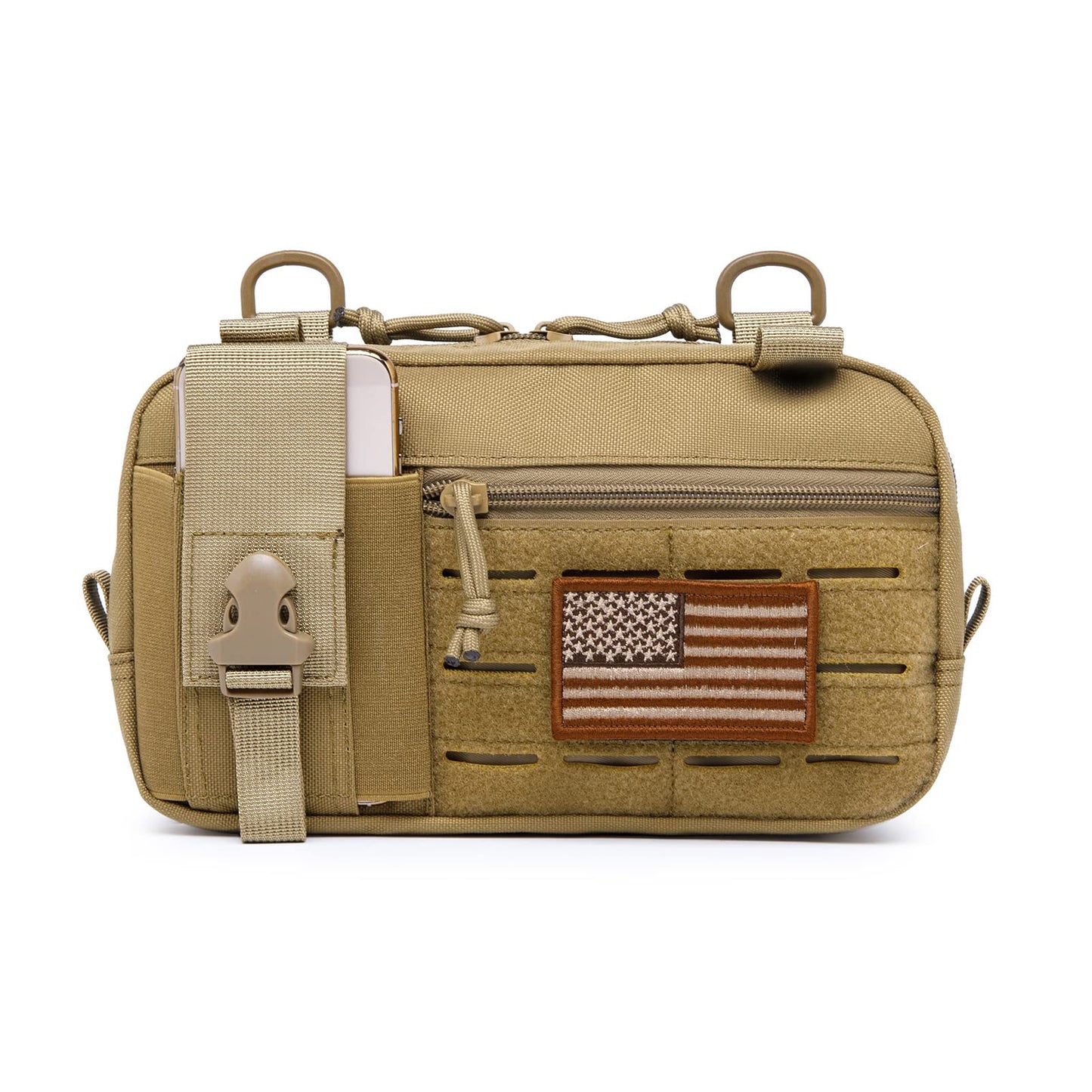 Taxatm Molle Admin Pouch with Laser Cutting Loop,EDC EMT Molle Pouches, Large Capacity Organizer Waist Pouch Include US Flag (Small Brown-Without Accessories)
