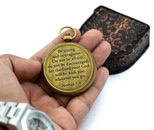 Be Strong and Courageous (Joshua 1:9) Brass Compass with wooden Box-Engraved Scripture Prayer Compass Religious Gift for Men & Women - Baptism, Confirmation, Communion Compass for Boys Graduation Gift