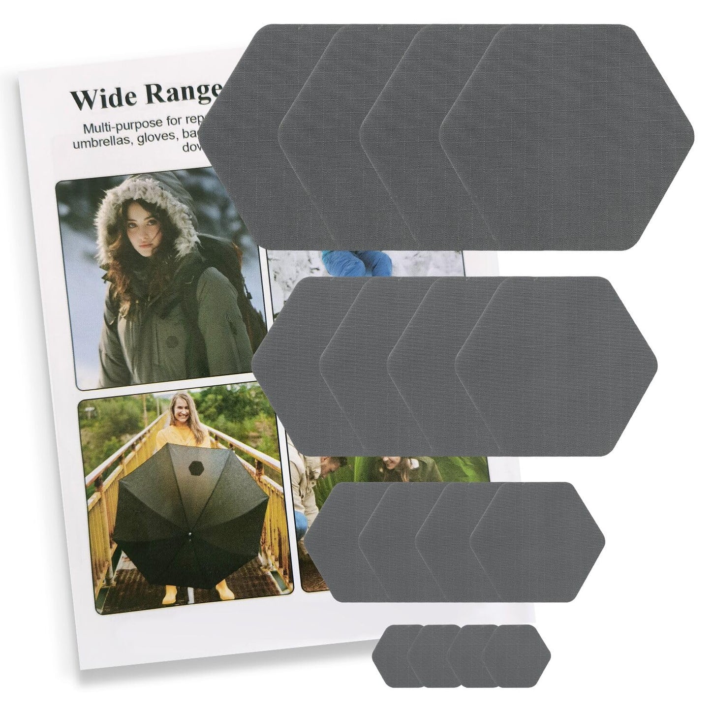 ZESION 16 Pcs Down Jacket Repair Patches - Highly Effective Repair of Nylon Fabric, Waterproof Self-Adhesive Repair Patch for Down Jackets, Tents, Raincoats, Outdoor Equipment (Dark Gray)
