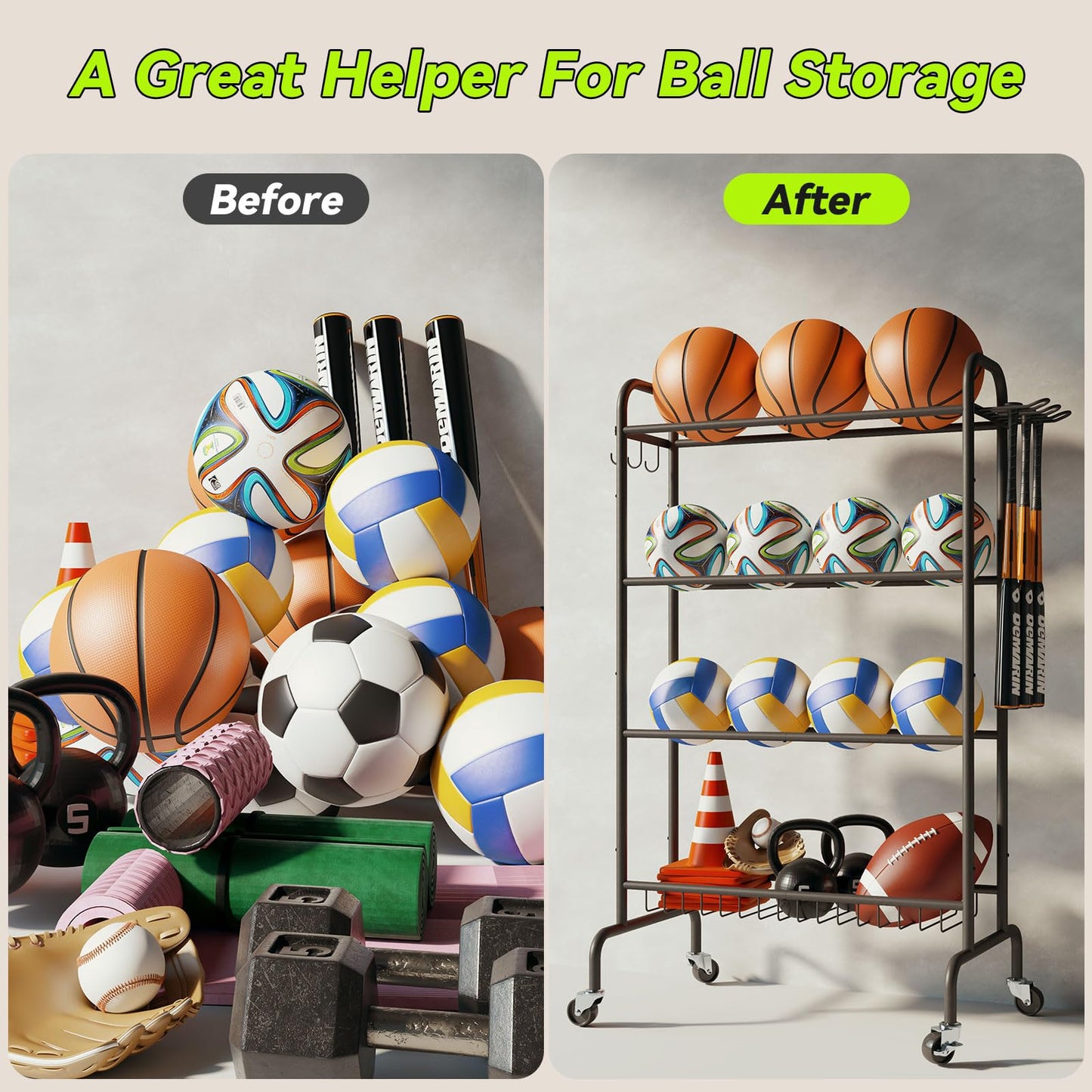 IBUYKE Basketball Rack, 4-Layers Rolling Ball Storage Rack with Wheels, Movable Garage Sports Equipment Storage Organizer for Basketball Football Soccer Volleyball Outdoor Indoor, Black TBL002B