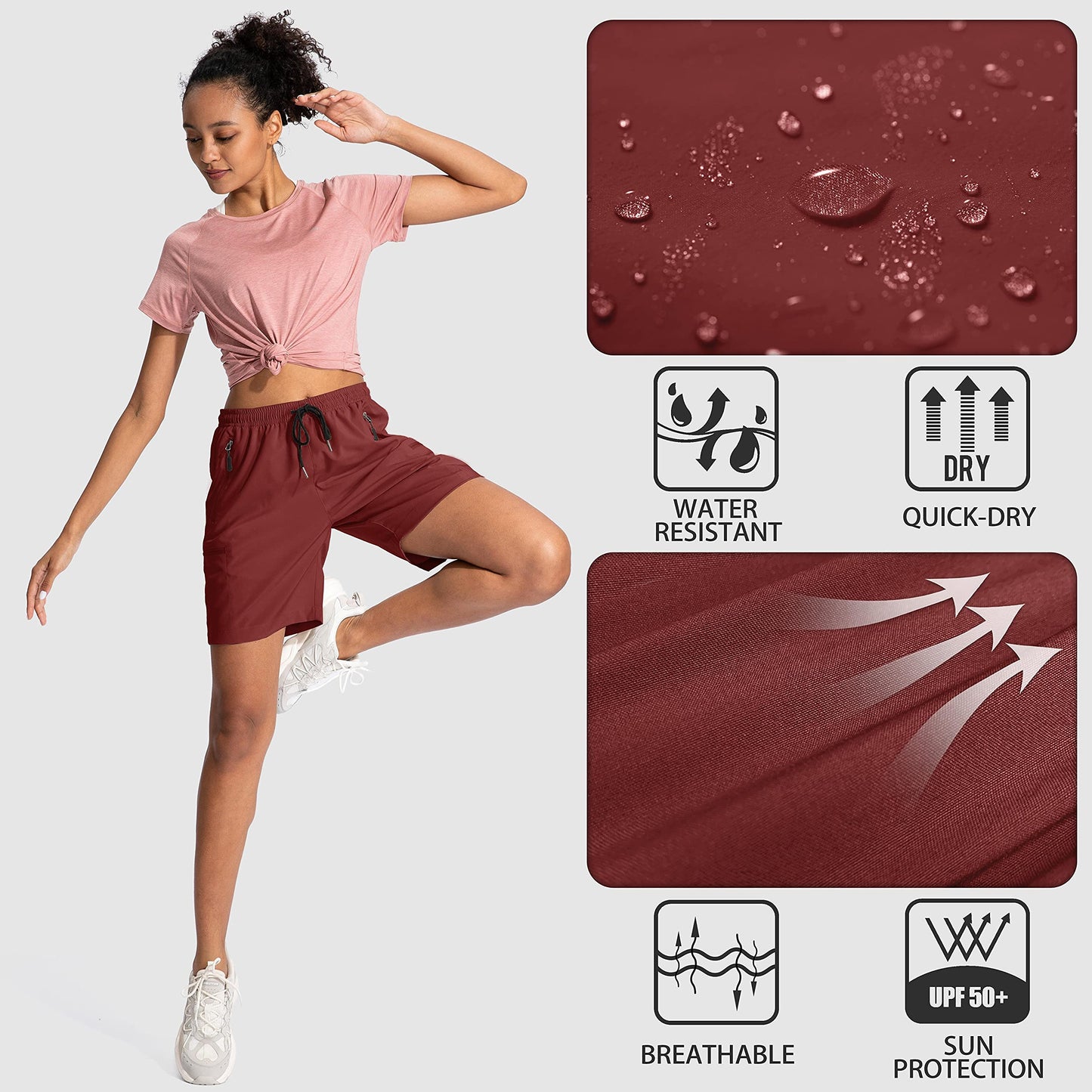 SANTINY Women's 5''/ 7''/9'' Hiking Cargo Shorts Quick Dry Lightweight Summer Shorts for Women Athletic Golf Zipper Pockets(Maroon_XL)