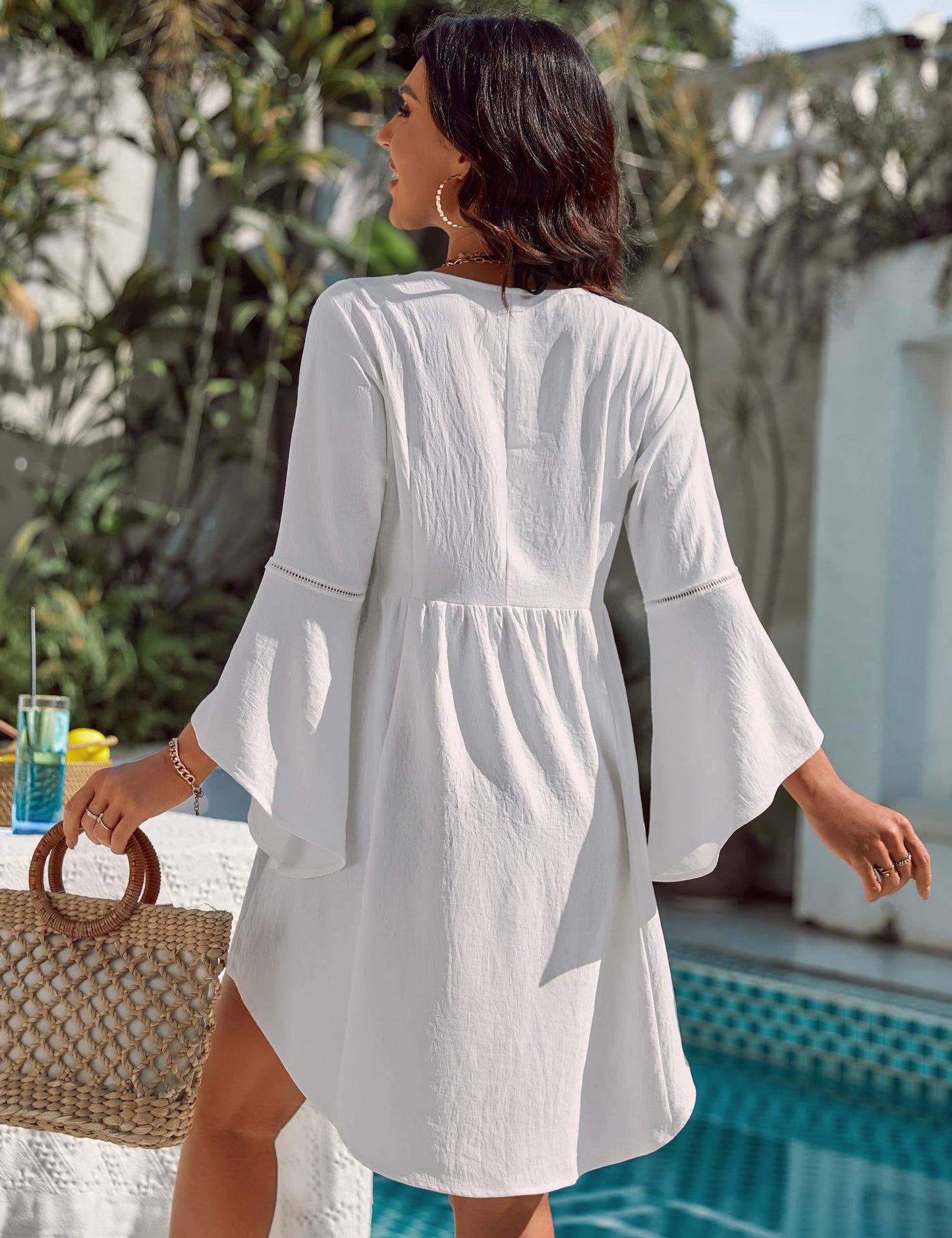 Blooming Jelly Womens Swimsuit Coverup V Neck Chiffon Bathing Suit Cover Up Beach Dress Swim Bikini Summer Outfits White
