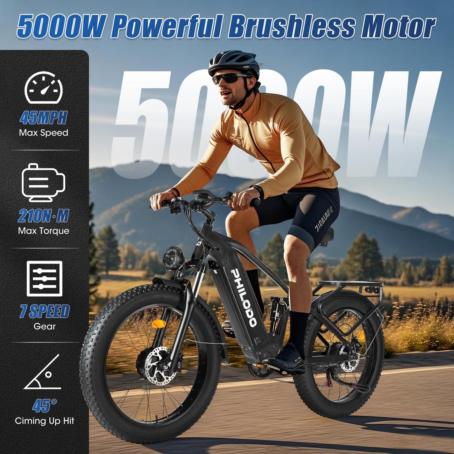 PHILODO Falcon 60V 32AH Off-Road Electric Bike 45MPH - 5000W Peak Dual Motor Hunting Ebike, Fat Tire Full Suspension Dirt Bike for Adults, Long Range Snow/Sand Electric Bicycle