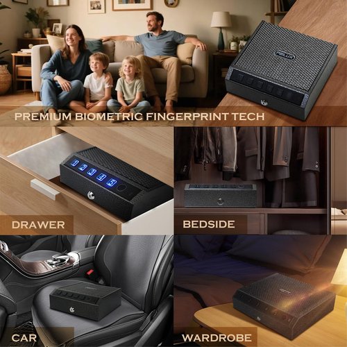 Peilux Gun Safe, Biometric Gunsafe for 2 Pistols, Fingerprint, Digital PIN and Key 3 ways Unlock, Handgun Safe Lock Box for Home Bedroom Nightstand and Car, Metal Case, USB-C Charging, Rechargeable