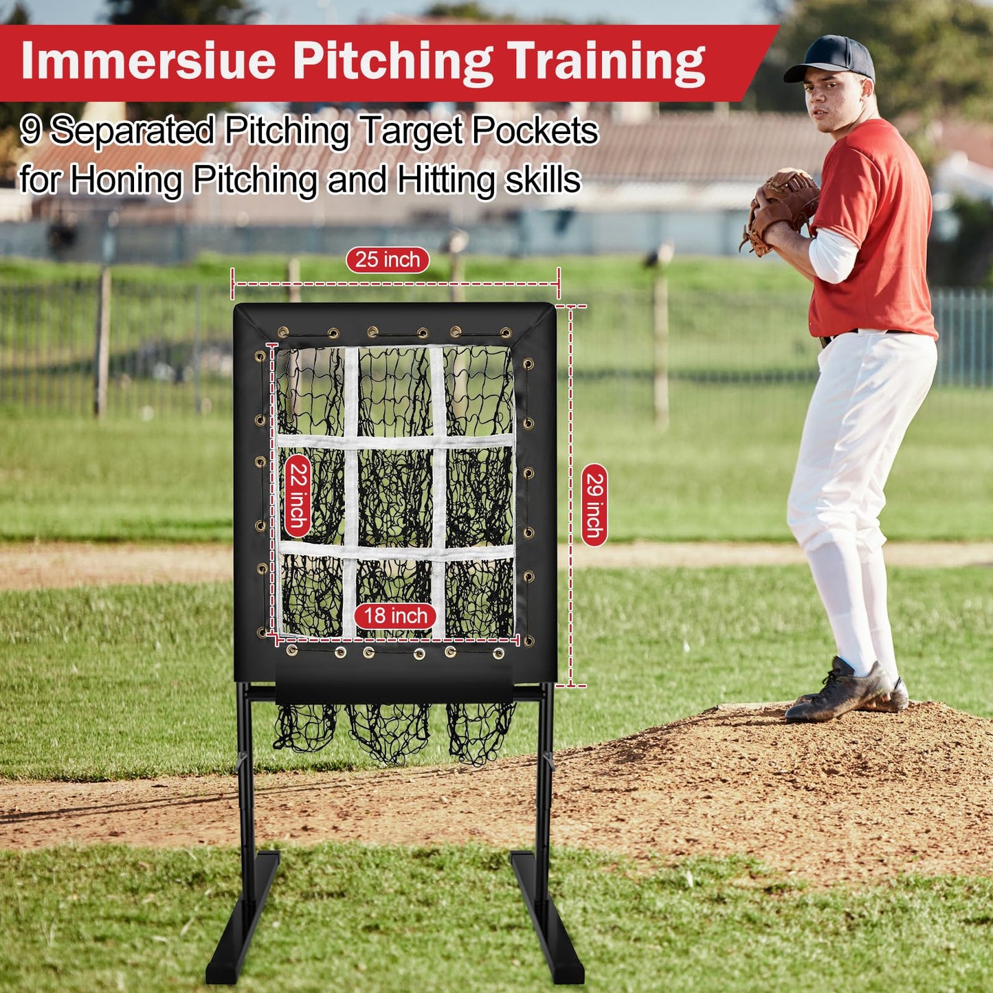 MONOJOY Baseball Pitching Net: 9-Hole Pitching Net with Strike Zone Adjustable Softball Pitching Nets Includes Carry Bag for Indoor | Outdoor Use, Practice of Pitching, Batting, and Throwing Drills