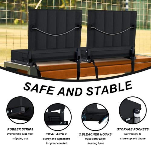 Aliphon Stadium Seat for Bleachers with Back Support and Cushion, Bleacher Seats with Shoulder Strap and Cup Holder, Padded Portable Folding Comfort Stadium Chair, for Sports Events, Black (2pcs)