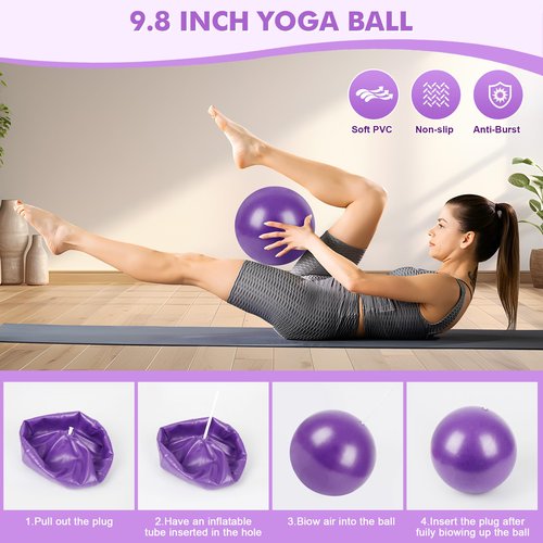 Goocrun Pilates Ring Set Exercise Equipment with Exercise Bands Resistance Bands Set, Pilates Ball, Sliding Disks – Workout Equipment Home Gym Includes Complete Fitness Poster (Purple)