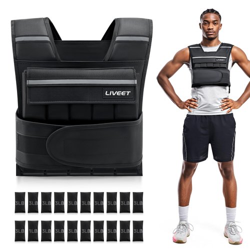 Liveet Adjustable Weighted Vest for Men Women, 60lb Weight Vest with 20 Removable Weights, Heavy Duty Running Vest with Reflective Strips for Walking Strength Training Calisthenics