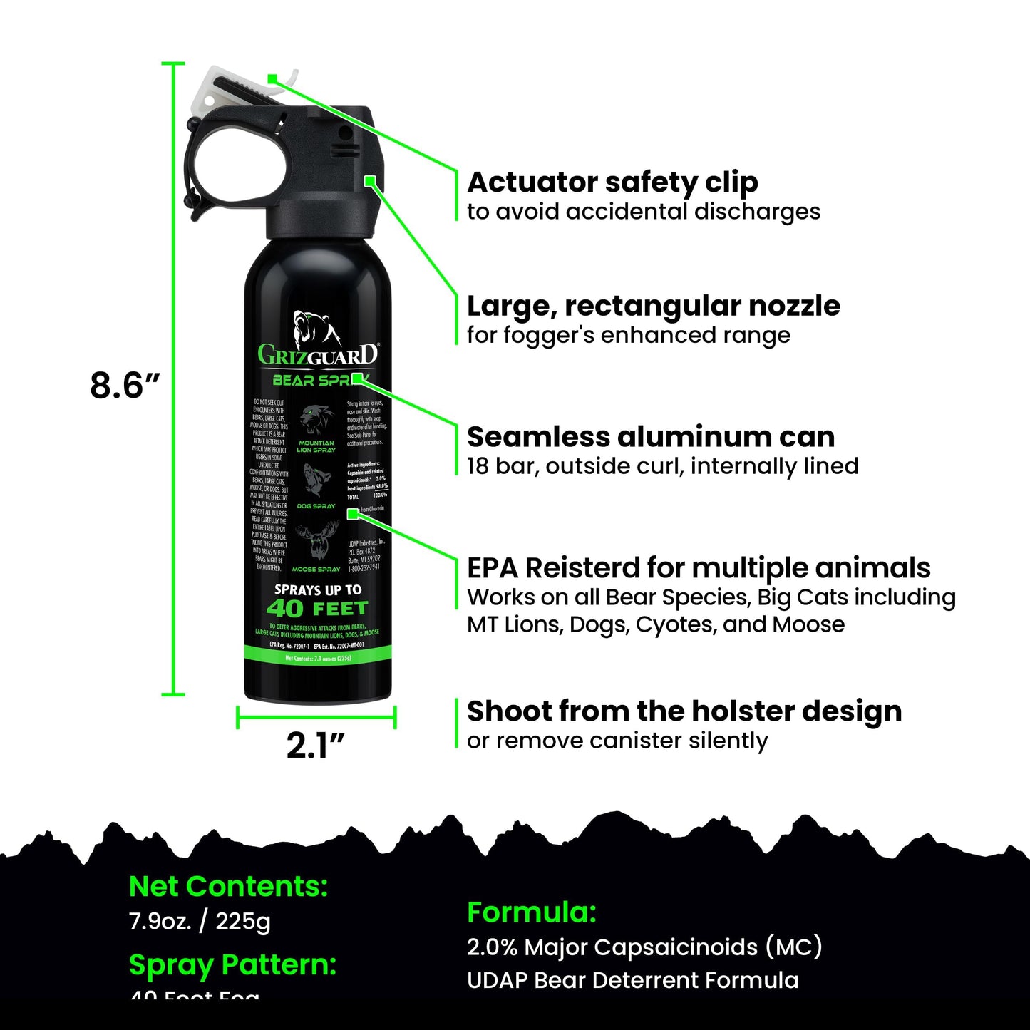 Griz Guard Bear Spray with Holster 2 Pack – Max Strength 7.9 oz, 40-Foot Range, EPA-Registered Deterrent for Bears, Mountain Lions, Coyotes, Dogs & Moose, Glow Safety Clip, Hiking & Camping Protection