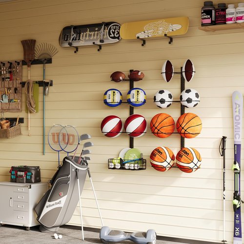8 Tier Detachable Wall Mounted Basketball Rack,Vertical/Horizontal Football Holder,Holds 14 Balls DIY1/2/3/4 Soccer Stand,Height-Adjustable Ball Rack with Basket for Garage,Tool Room