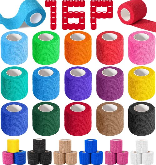 AZEN 16 Pack Self Adhesive Bandage Wrap, 2" X 5 Yards Elastic Cohesive Bandage Wrap, Color Athletic Tape, Vet Wrap, Ankle Tape, Tattoo Grip Tape Wrap