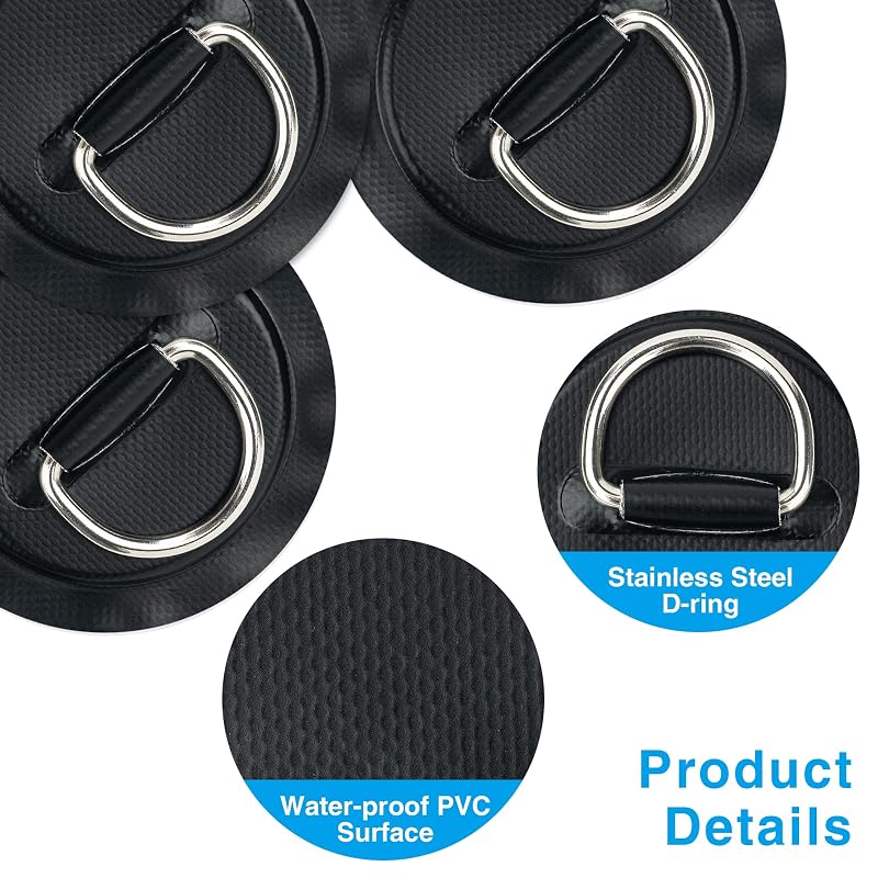 D-Ring Patch Kit for Kayak & SUP - 6x Black Stainless Steel Patches, No Glue Included
