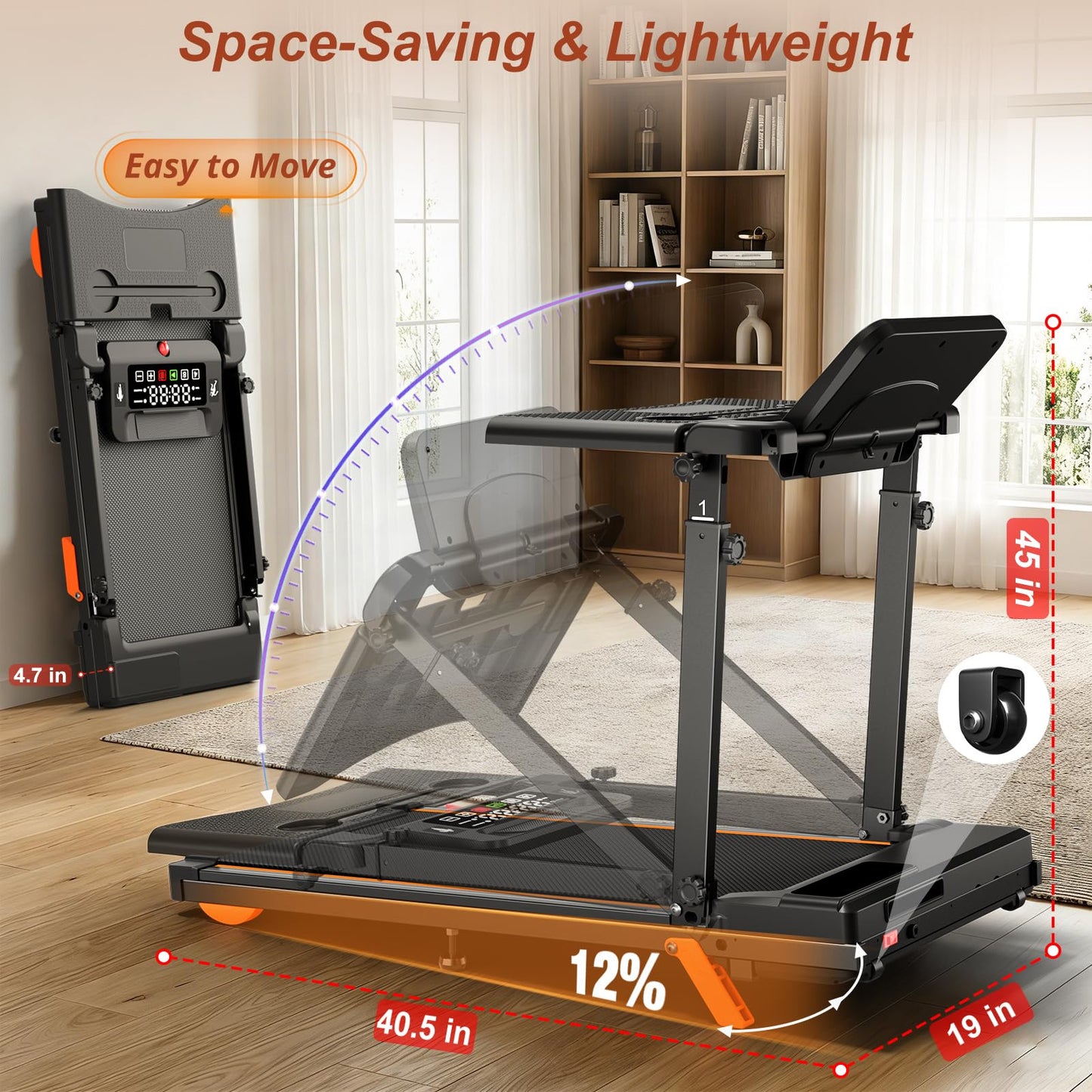 Walking Pad Treadmill with Desk Workstation, 12% Incline Treadmills for Home Office, 350lbs Capacity, 3.5H(XXL)