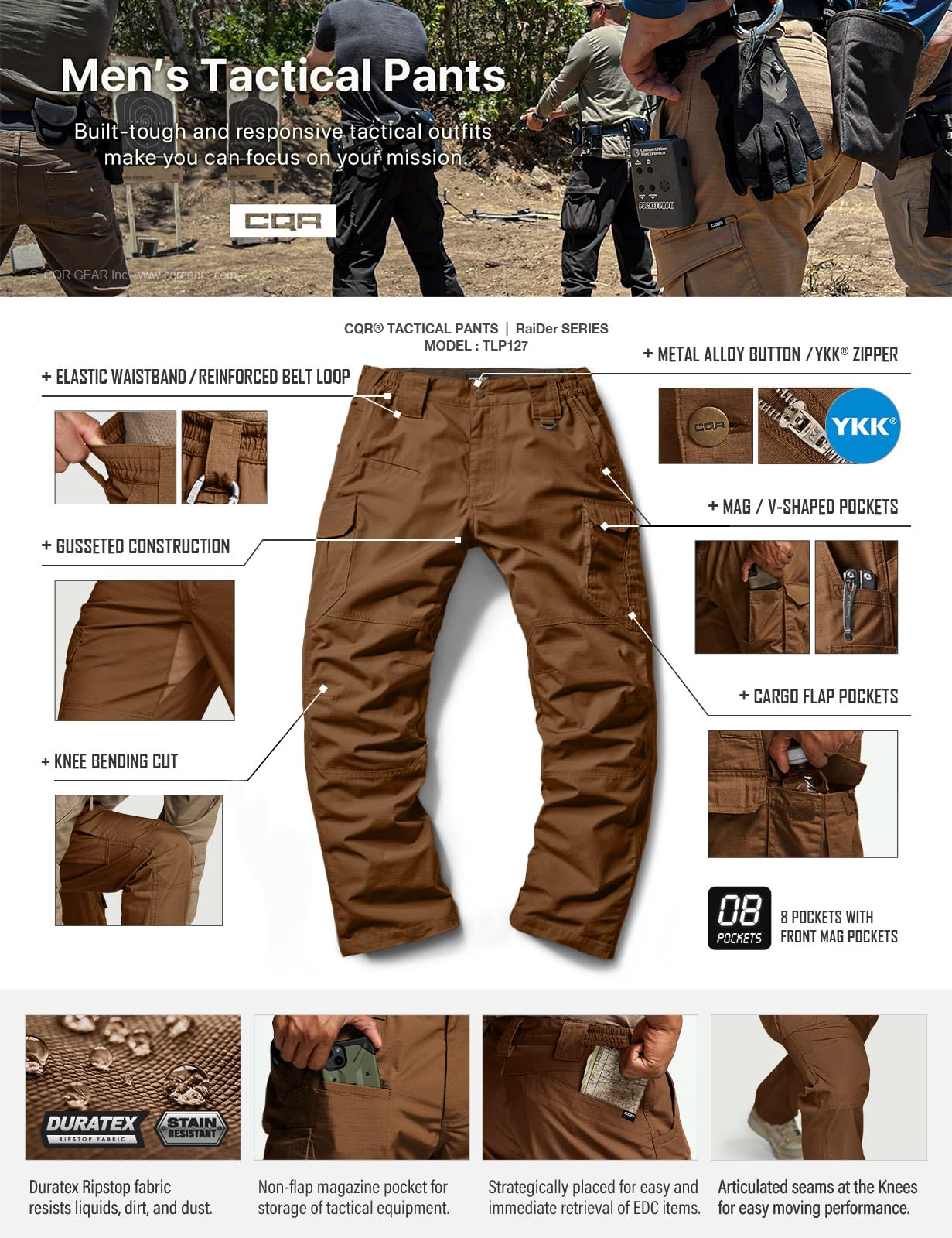 CQR Men's Tactical Pants, Water Resistant Ripstop Cargo Pants, Lightweight EDC Work Hiking Pants, Outdoor Apparel, Raider Mag Pocket Copper Brown, 30W x 32L