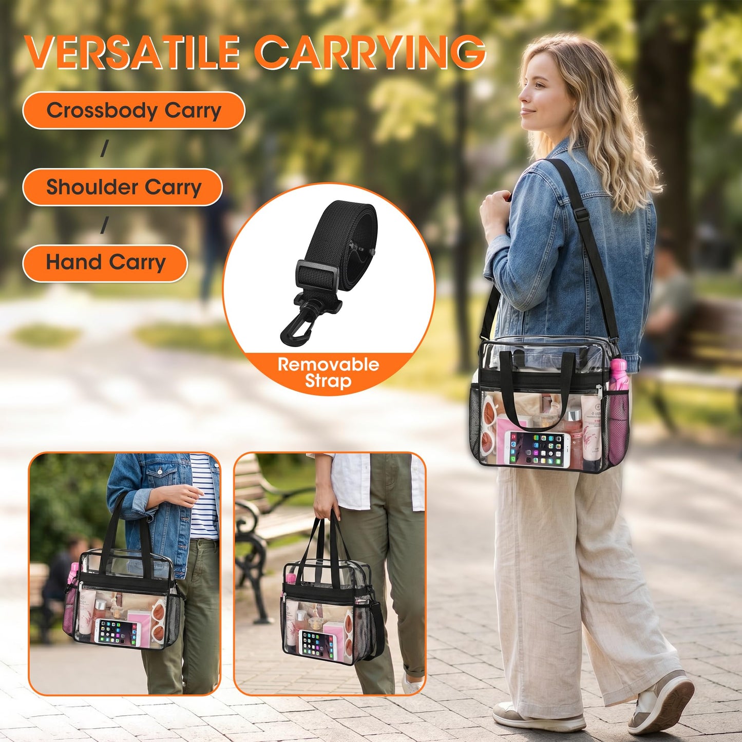 Oraben Clear Tote Bag Clear Bag Stadium Approved 12x6x12 Stadium Bag for Work, Sports Games,Gym Black,One Pocket