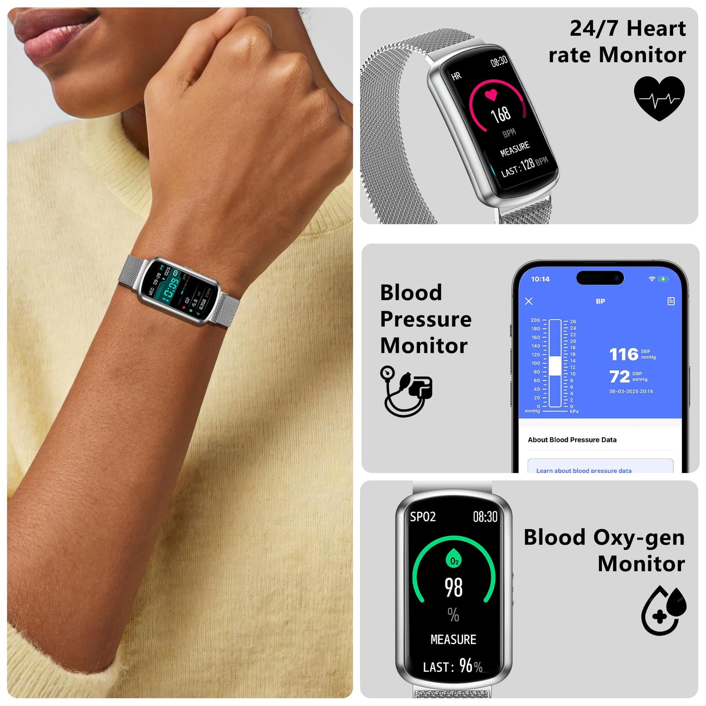 JYUAJOI Health Fitness Tracker, Smart Watch with 24/7 Heart Rate and Blood Pressure Monitor, Activity Tracker with Blood Oxygen, 120 Sport Mode Waterproof Sleep Tracker for Women Men (Silver)