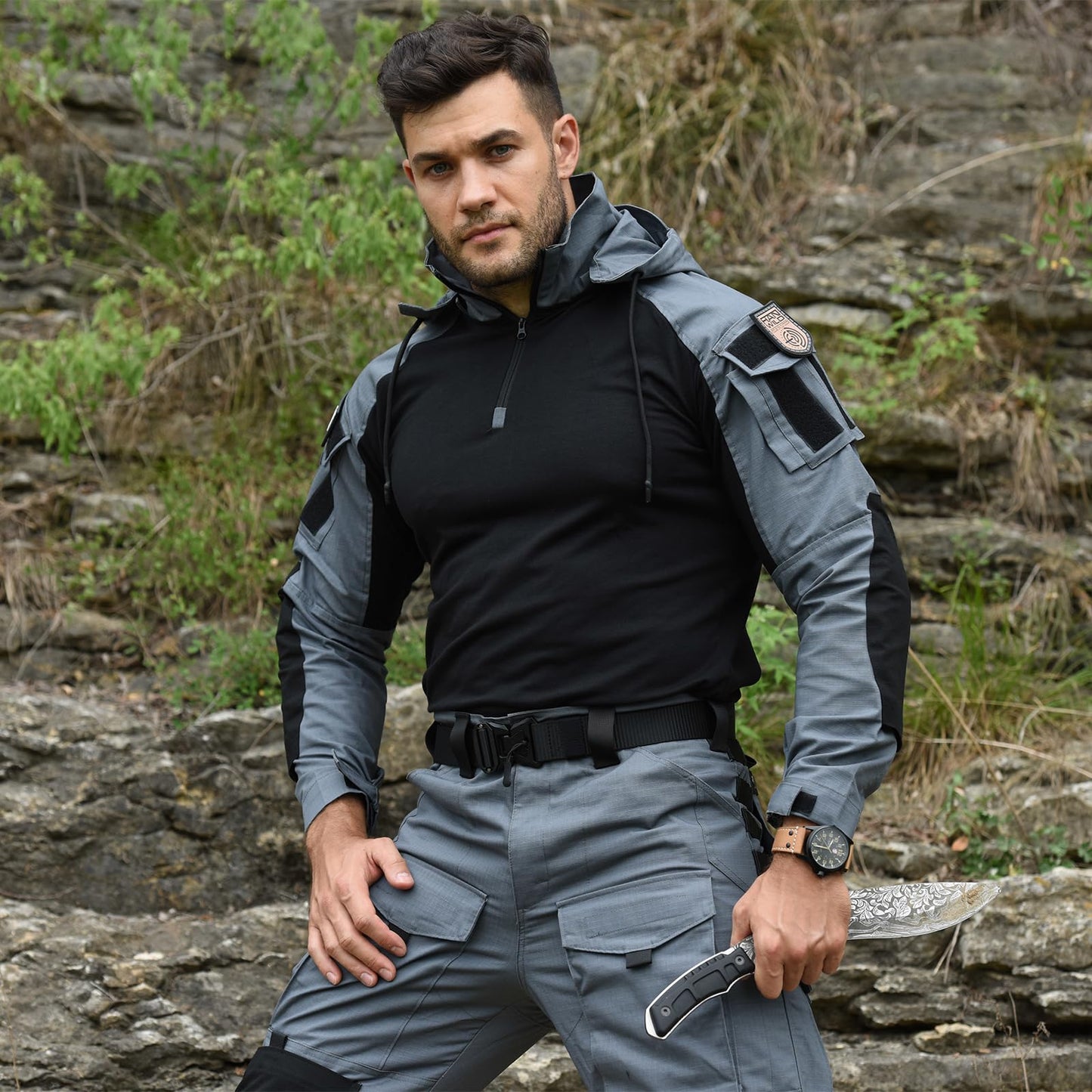 HAN·WILD Men's Tactical Shirt 1/4 Zip Long Sleeve Combat Airsoft Shirts with Elbow Pads Military T-Shirt with Hood