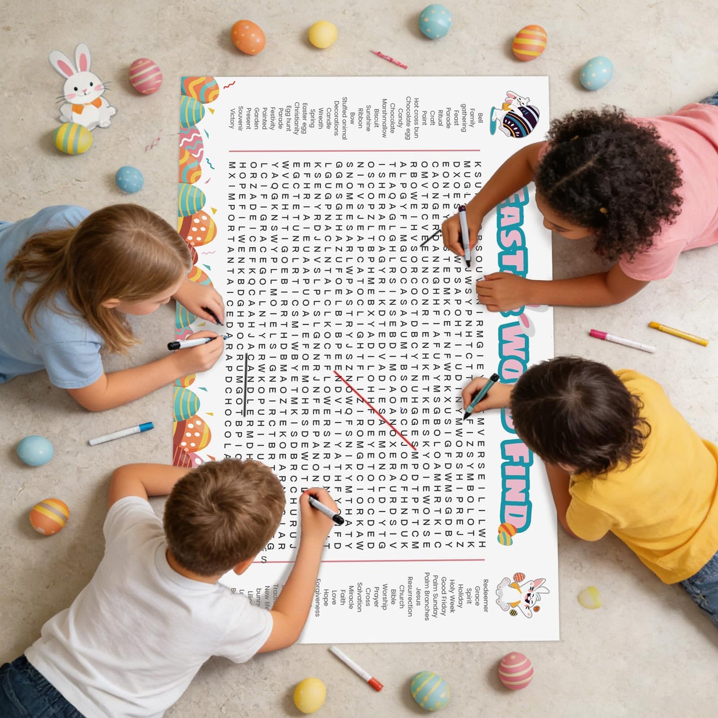 WBCPATY Jumbo Large Size Easter Word Search Poster, 53" X 36" Giant Holiday Word Search Wall Poster for Easter, Wall Game with 64 Words for Family Holiday Party Activity