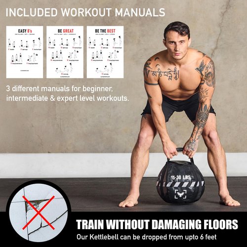 Elite Sports Kettlebell Sandbag - Heavy Duty Sand Weights Bag for Cross Training, Strength Training, Workout, Functional Fitness, Adjustable Weight, Durable Training Equipment for Home & Gym (Black, 30-75 LBS)