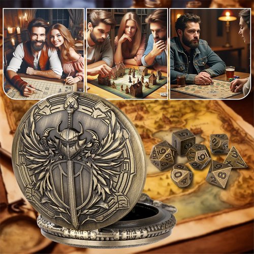 Mini DND Dice Set with Steampunk Paladin Pocket Watch Shell Case, DND Starter Set, 7pcs Polyhedral Mini Metal Dice Set, DND Gifts with Gift Bag, Role Playing Board Game Accessories,Bronze
