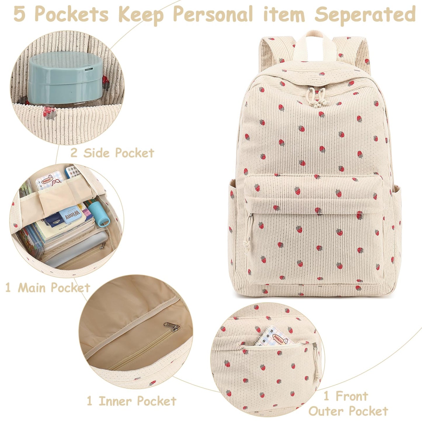 Bluboon School Backpack Teens Girls Boys Kids School Book Bags with Lunch Box Pencil Bag (Corduroy-Strawberry)
