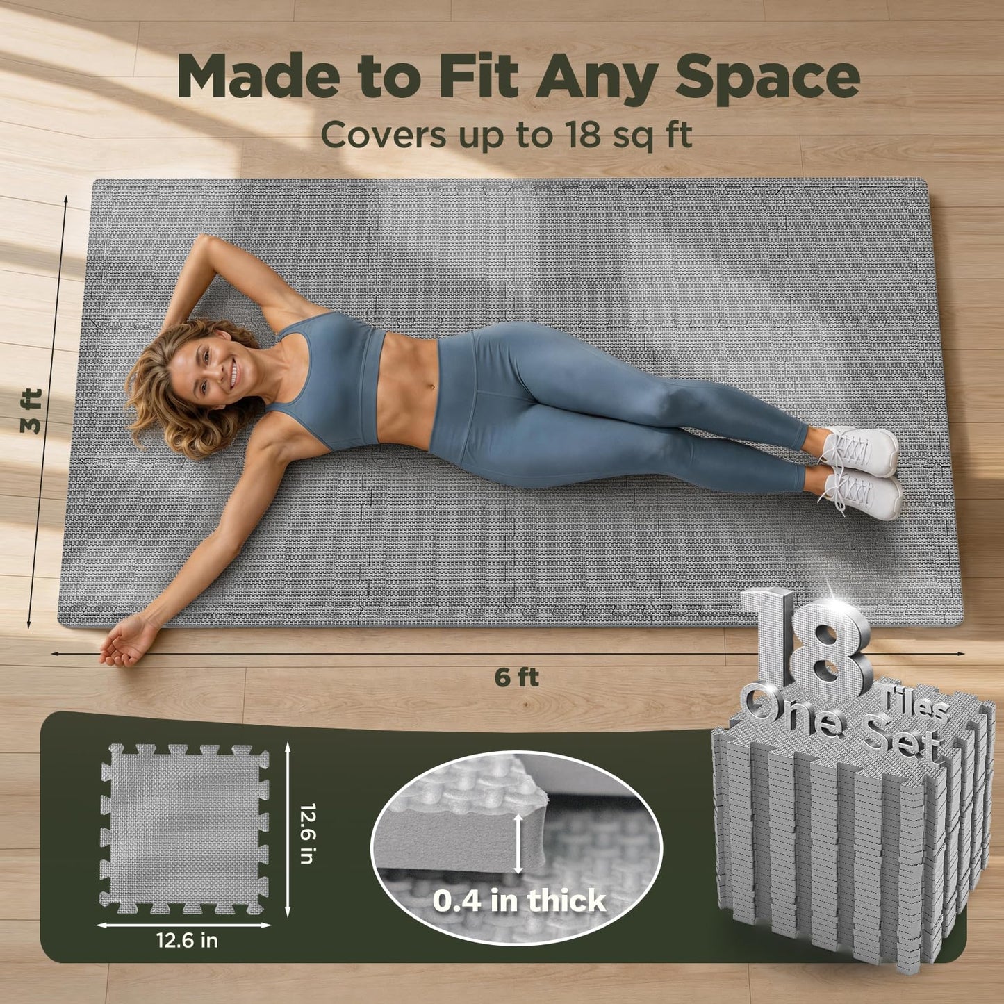 AIRHOP 18 PCS Gym Floor Mat, EVA Foam Puzzle Gym Mat, High-Density Interlocking Foam Floor Tiles for Home Gym, Play Workout Garage Kitchen Flooring 12.6"x12.6"x0.4"