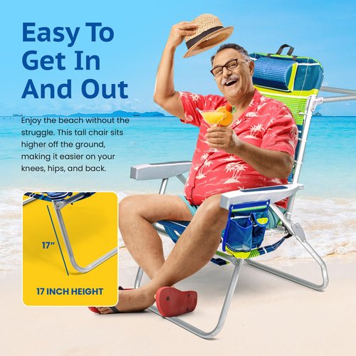Homevative Folding Tall Backpack Beach Chair with 5 Positions, Towel bar, Cooler and Storage Pouch, Cup Holder and Phone Holder, High Tide Blue