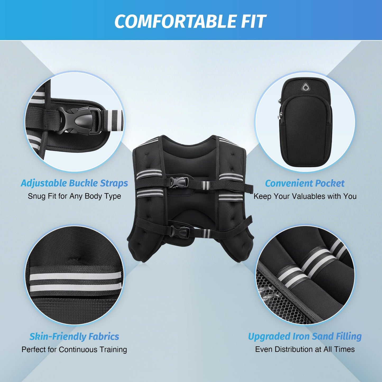 ZELUS Weighted Vest, 6lb/8lb/12lb/16lb/20lb/25lb/30lb Weight Vest with Reflective Stripe for Workout, Strength Training, Running, Fitness, Muscle Building, Weight Loss, Weightlifting, Black(25 lb)