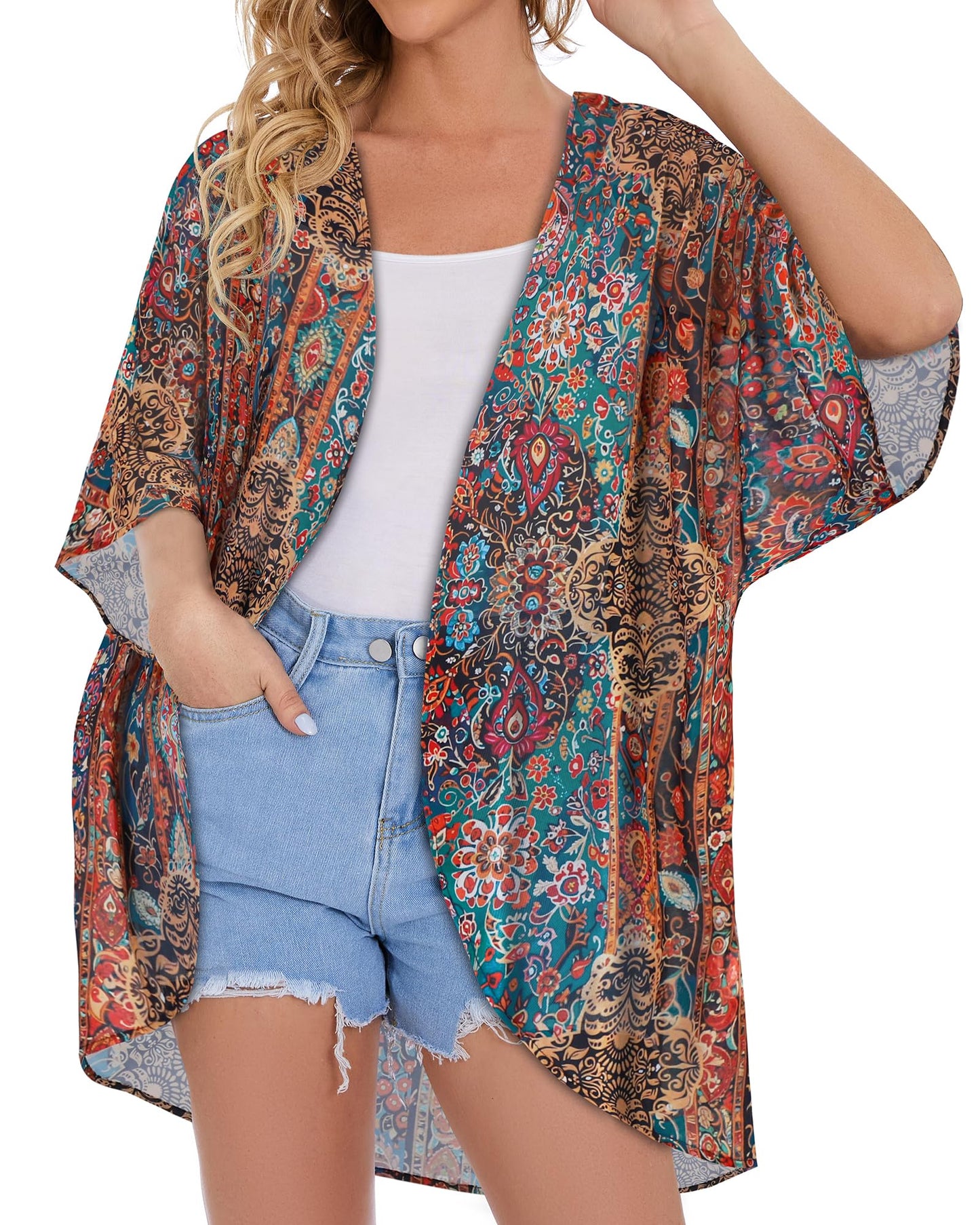 Women's Floral Kimono Print Puff Sleeve Loose Cardigan Cover Up Casual Blouse Tops (Bohemia Print, S)