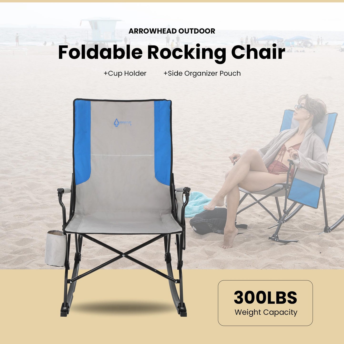ARROWHEAD OUTDOOR Foldable Rocking Camp Chair, Large Cup Holder