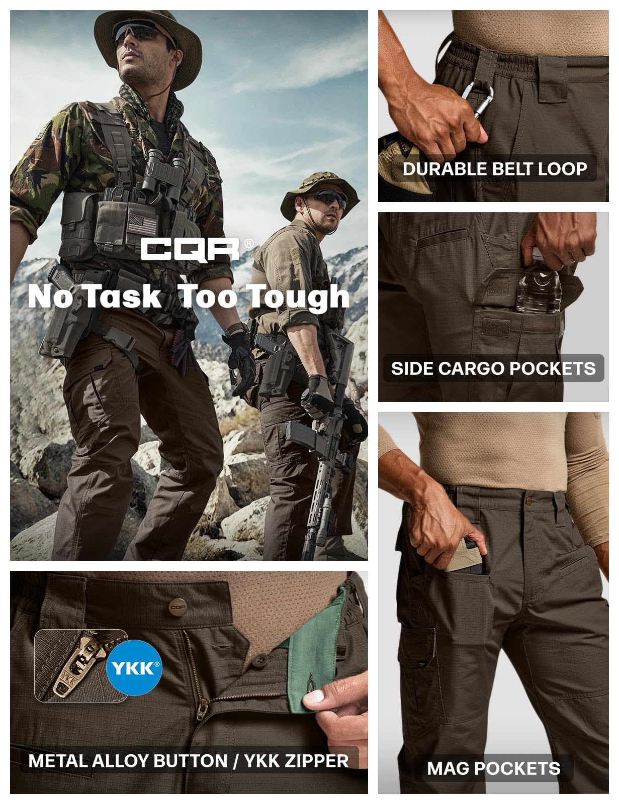 CQR Men's Tactical Pants, Water Resistant Ripstop Cargo Pants, Lightweight EDC Work Hiking Pants, Outdoor Apparel, Raider Dark Brown, 40W x 32L