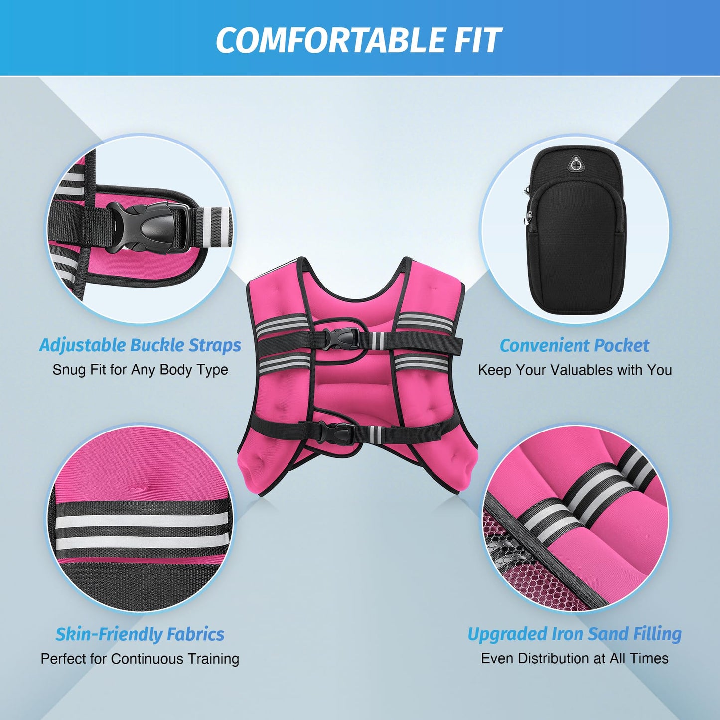 ZELUS Weighted Vest, 6lb/8lb/12lb/16lb/20lb/25lb/30lb Weight Vest with Reflective Stripe for Workout, Strength Training, Running, Fitness, Muscle Building, Weight Loss, Weightlifting, Pink(20 lb)
