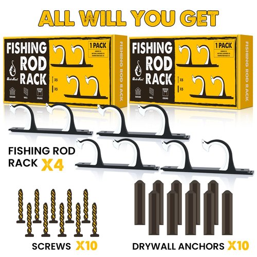 QudraKast Horizontal Fishing Rod Holder for Garage Wall Ceiling Mount - Fishing Pole Holders Fishing Rod Rack Holds Up to 4 Rods or Combos, Ideal Fishing Gift (2pack)