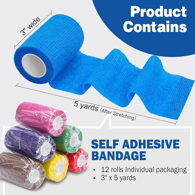 AZEN 12 Pack Self Adhesive Bandage Wrap, 3" X 5 Yards Elastic