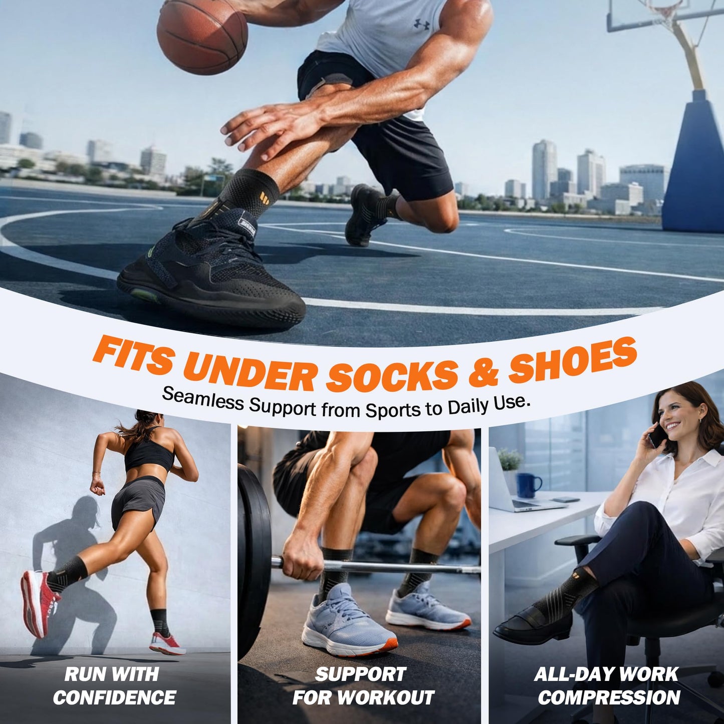 WHCOOL Low-Profile Ankle Braces for Women & Men, Customizable Ankle Compression Sleeve w/Wide Strap, Foot Support Wrap for Plantar Fasciitis Pain Relief, Achilles Tendonitis, Sprain, Black, 1 Pair, S