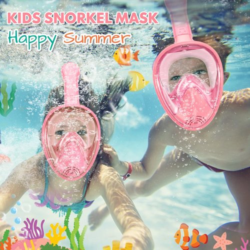 Kids Snorkel Mask Full Face, Snorkeling Gear for Kids 2-14 with Camera Mount, 180 Degree Panoramic View Snorkeling Set Anti-Fog Anti-Leak (Blue+Pink)