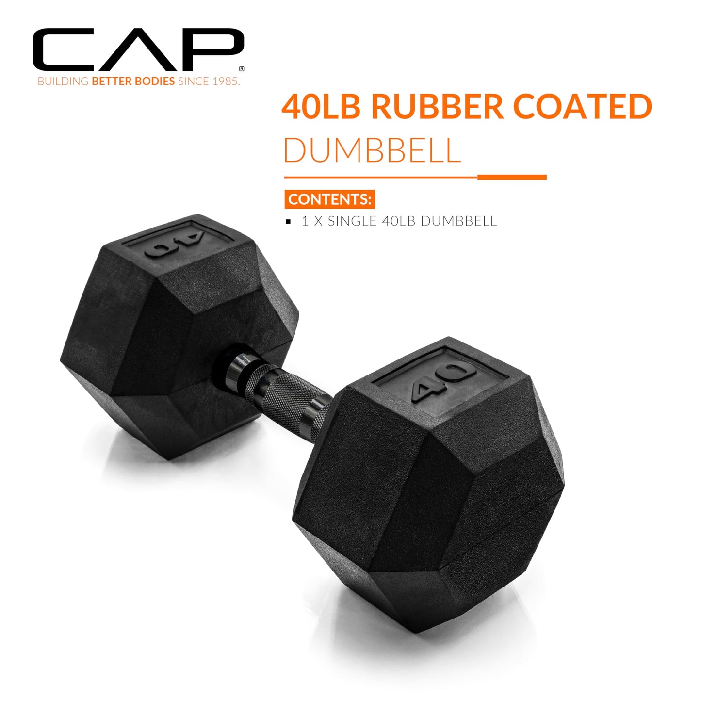 CAP 40 LB Rubber Coated Hex Dumbbell Weight, Rubber Free Weights for Home Gym Strength Training, Black Oxide Handle, Single