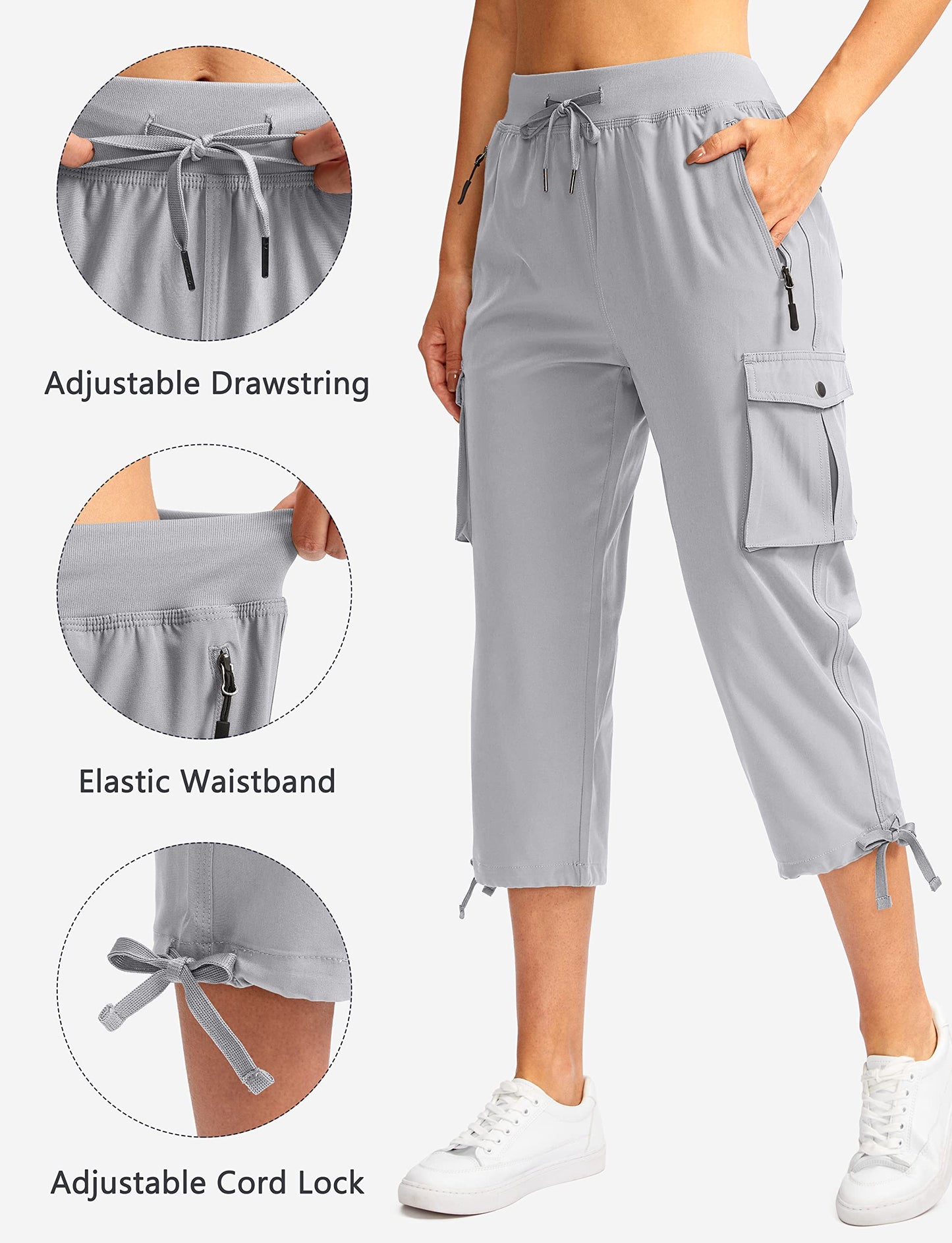 Soothfeel Women's Cargo Capris Pants with 6 Pockets Lightweight Quick Dry Travel Hiking Summer Pants for Women Casual (Bright Grey, XS)