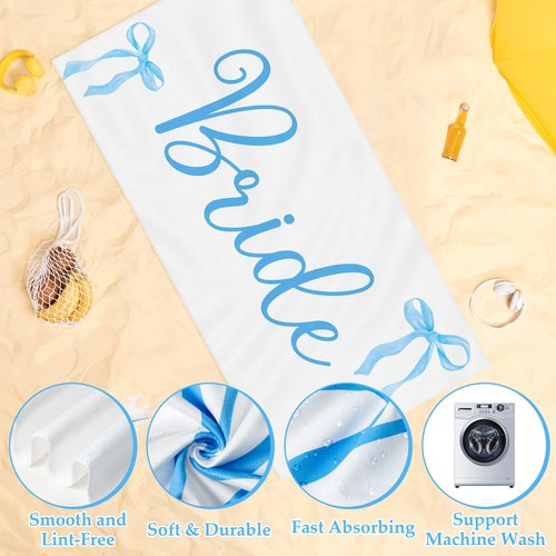 R HORSE Bride Beach Towel for Bachelorette Party Decorations, Coquette Blue Bow Beach Towel for Bride to Be Bridal Shower Gift, 30 x 60 Inch Quick Dry Sand Free Blanket Honeymoon Engagement Supplies
