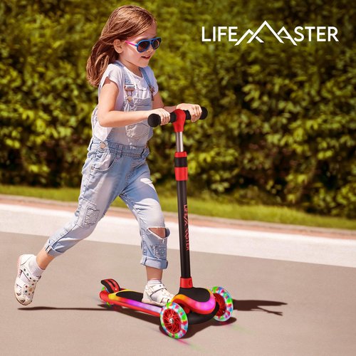 Lifemaster 3-Wheel Kids Scooter with Multi-Color Lights on Deck & Wheels – 5-Height Handlebar, Wide Anti-Slip Deck, Child Safety Certified, Boys & Girls Ages 3+ Supports Up to 150 lbs, Aqua Orange